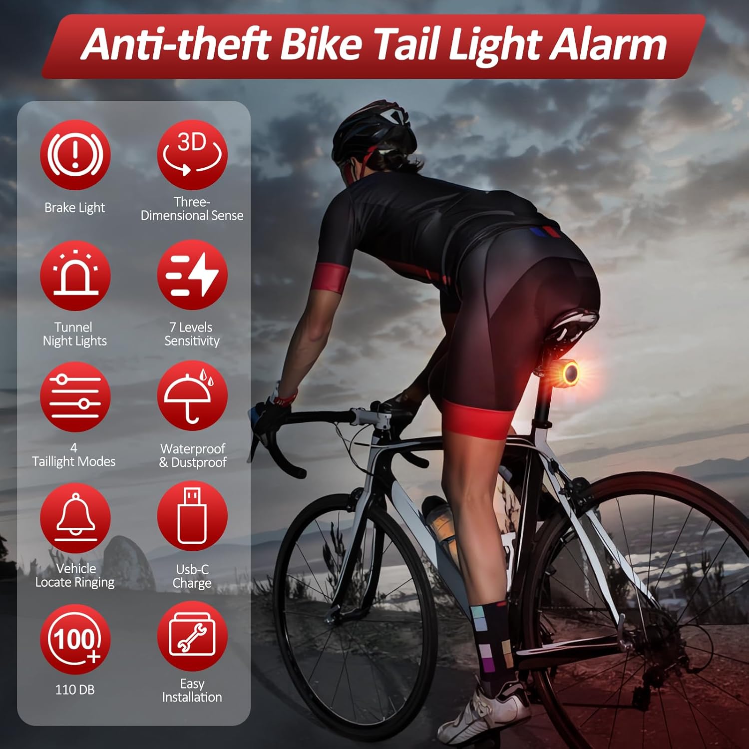 Smart Bike Tail Light with Anti-Theft Alarm, USB-C Rechargeable