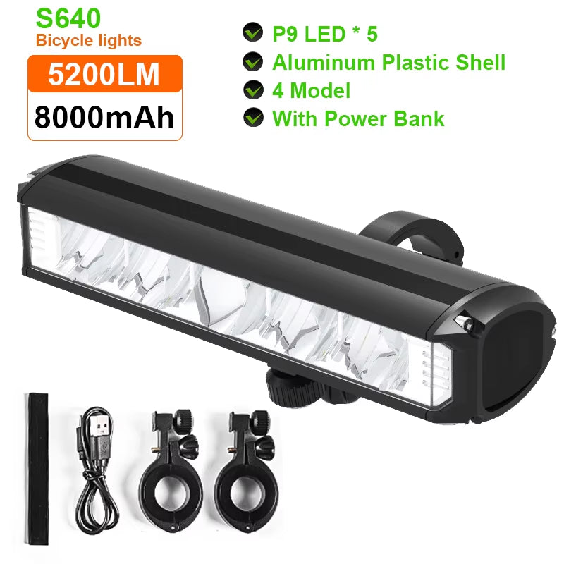 8000mAh Rechargeable Bike Front Light, 5200LM LED Headlight with Power Bank